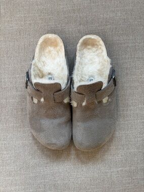 Birkenstock Light Grey Suede Shearling Slip-Ons
